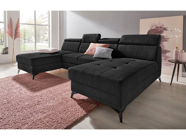 Wohnlandschaft, Webstoff, Grau, 296×173 cm, Mit Bettfunktion & Kopfteilverstellung, Modern, Inosign