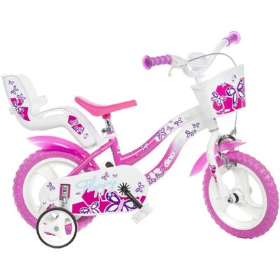 Kinderfahrrad DINO BIKES "12" Flappy Kinderfahrrad Mädchen stabiler Stahl-Rahmen Stützräder", pink, Fahrräder, Kinder, 22cm, 12 Zoll (30,48cm), mit Stützrädern, Korb und Puppensitz