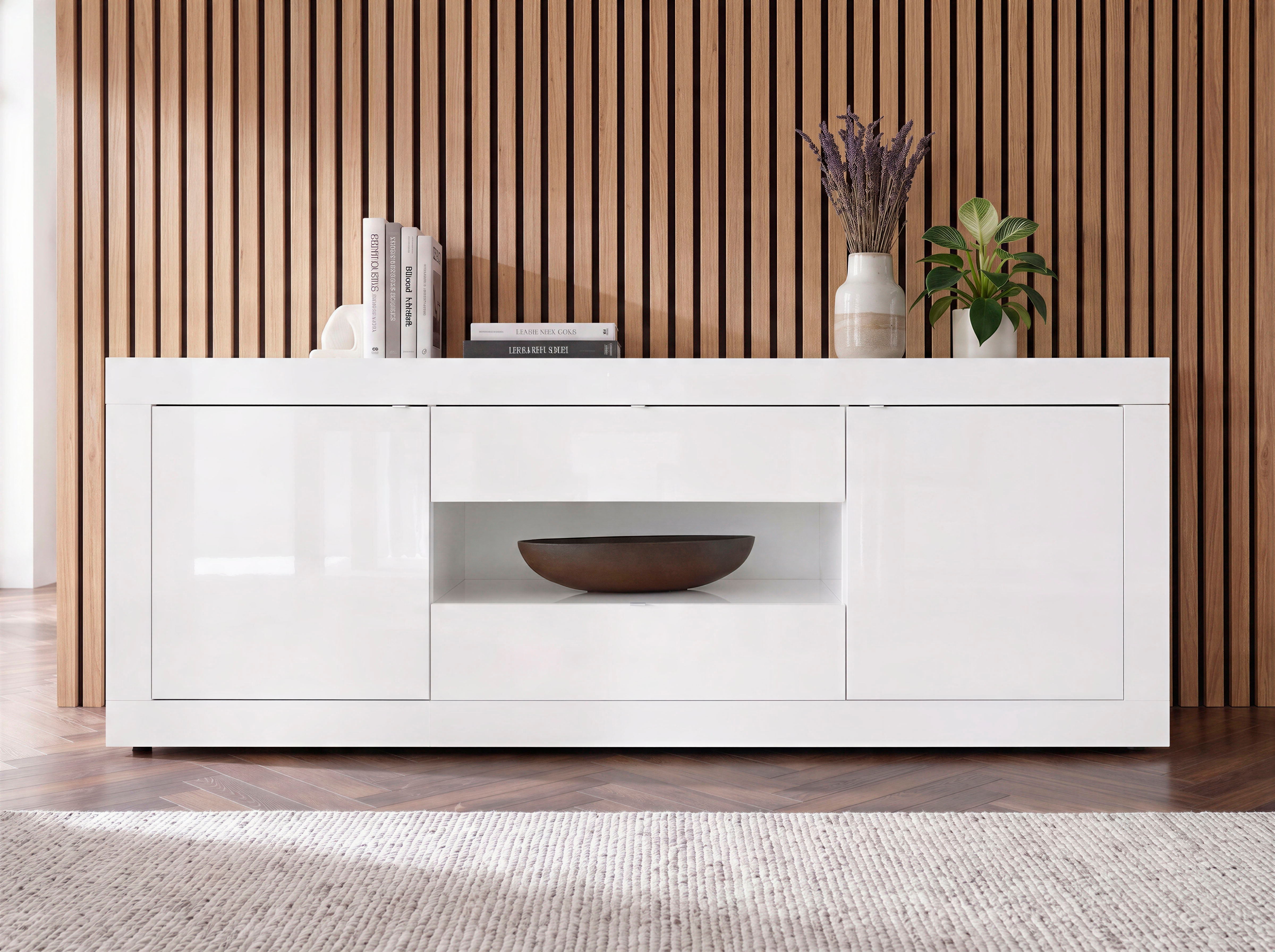 Sideboard HOME AFFAIRE "Basic Breite 240 cm, Kommode 2 Türen, 2 Schubkästen, Anrichte", weiss (weiß hochglanz lack), B:240cm H:86cm T:43cm, Sideboards, Sideboard, Weiss HochglanzLack, Metallgriff, moderne Rahmenoptik, viel Stauraum weiß hochglanz lack B/H