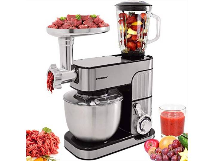 Syntrox Germany leistungsstarke Küchenmaschine Knetmaschine Mixer mit Fleischwolf in zeitlosem Design mit 5,5 Liter Fassungsvermögen, Inox schwarz