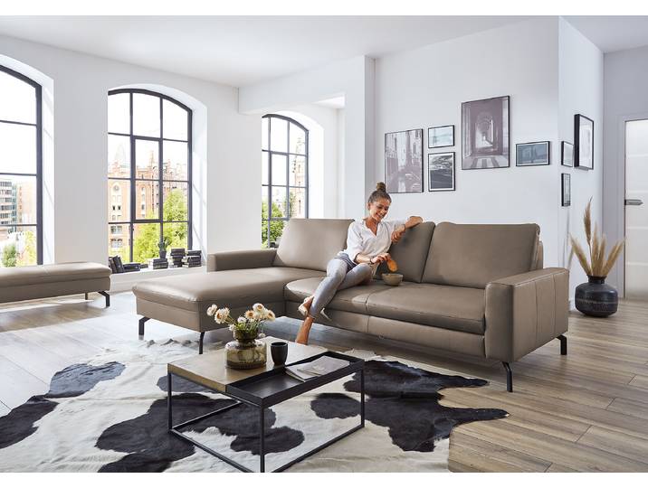 Ecksofa Kalahan mit Ottomane Beige Echtleder Tomma 274 x 89 x 179cm Ottomane davorstehend links Keine Funktion Modern