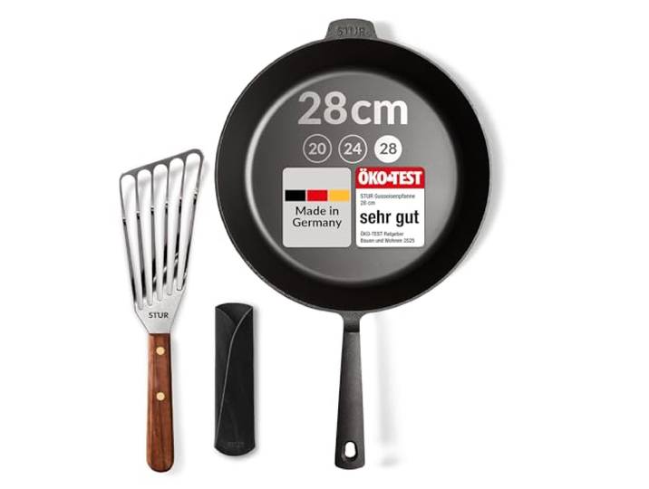STUR Starter-Set Gusseisenpfanne 28 cm, Griffschutz & Pfannenwender Cast Iron Pan, Echtleder, kratzfest, natürliche Antihaft-Beschichtung, schadstofffrei, alle Herdarten, Made in Germany