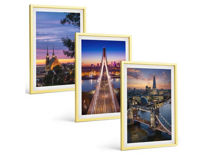 Tulup Bilder SET 3er Set - 40x60 cm Goldrahmen - Ausblicke auf Brücken und Sonnenuntergänge, Goldfarben, Kunststoff, Rechteckig, 40x60 cm, gerahmt, Bilder & Rahmen, Bilder