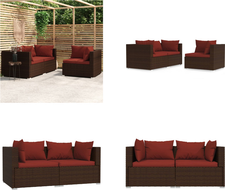 vidaXL 3 tlg. Garten Lounge Set mit Kissen Braun Poly Rattan - Garten-Lounge-Set - Garten-Lounge-Sets - Sofa Und Tisch - Terrassen-Lounge-Set