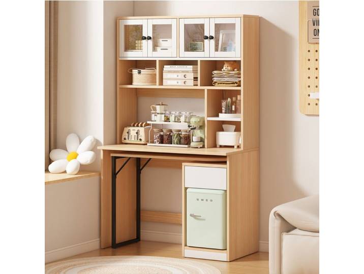 WUVRIE Bureau avec rangement 180 cm plateau pivotant 4 portes acrylique 1 tiroir blanc et naturel