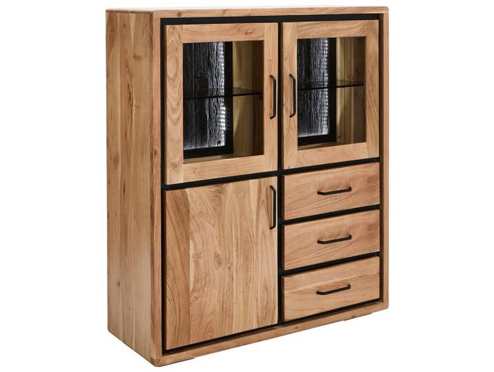 Landscape Highboard, Schwarz, Akazie, Holz, Glas, Akazie, Altholz, vollmassiv, Holz, 3 Fächer, 3 Schublade(n) Schubladen, F, kaltweiß, 110x130x40 cm, stehend, Beimöbel erhältlich, Holzmöbel, Kleinmöbel Holz, Holzkommoden, Highboards Holz
