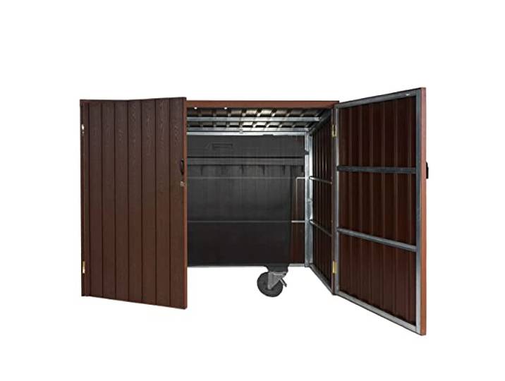 Mendler Mülltonnenverkleidung HWC-J29 WPC Metall 172x213x112cm - braun Mülltonnenbox, für Müllcontainer, 660-770L
