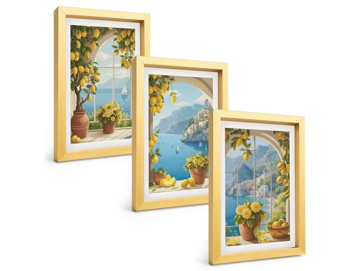 BILDER SET 3er Set - 20x30 cm Goldrahmen - Meereslandschaften, Zitronen, Fenster