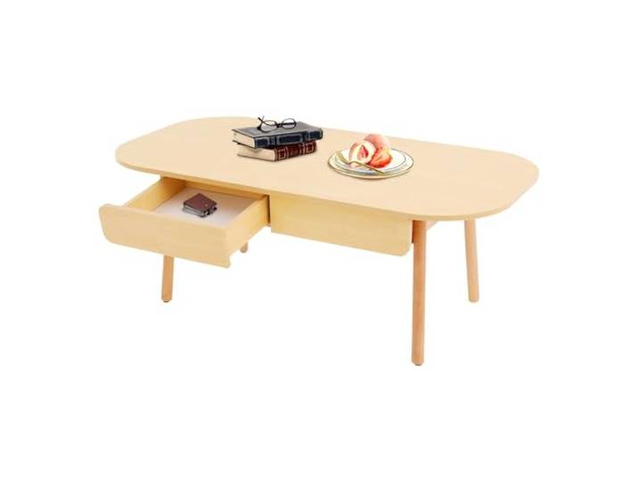 Couchtisch Massivholz-Eichenoptik mit 2 Schubladen Stauraum Wohnzimmer Rutschfeste Bodenschoner & abgerundete Ecken