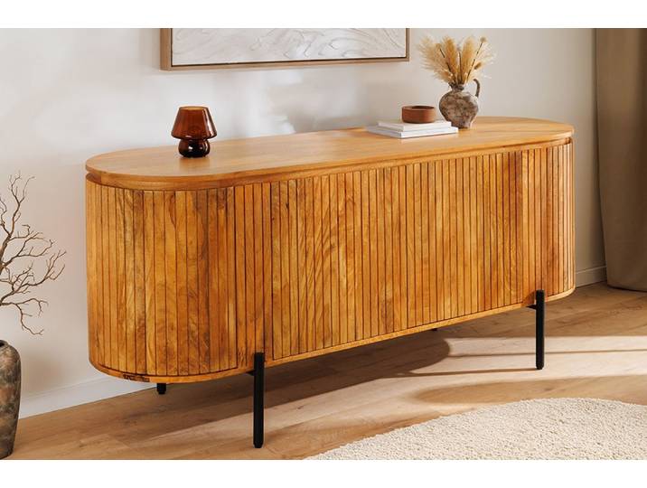 Massives Sideboard GATSBY 160cm natur Mangoholz schwarz Metall mit Lamellenfront