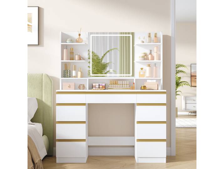 Grande coiffeuse Hzuaneri avec éclairage LED, 3 couleurs, contrôle de la luminosité, avec miroir, 9 tiroirs, 9 étagères ouvertes