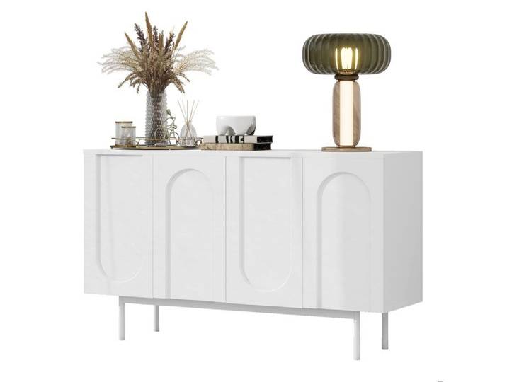 Buffet bas blanc 4 portes – 140 cm – Étagères réglables et pieds métal
