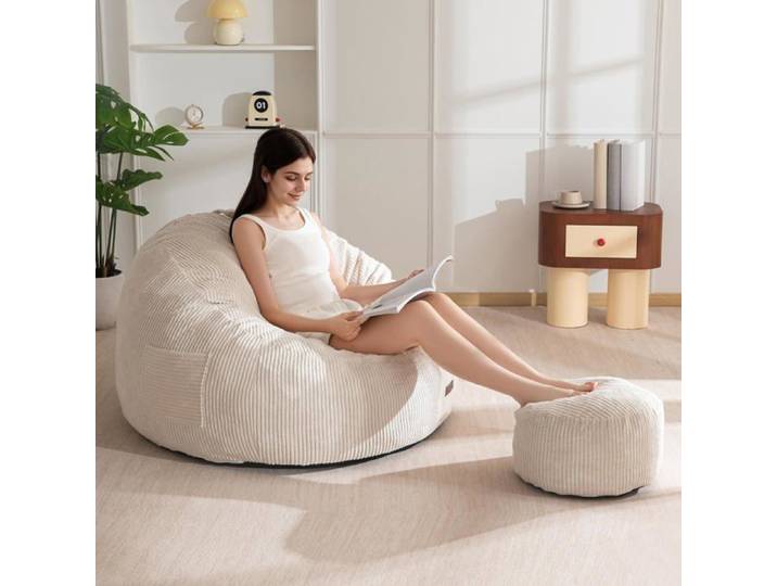 Pouf poire fauteuil avec repose-pieds mousse mémoire housse amovible velours côtelé base antidérapante poignée transport