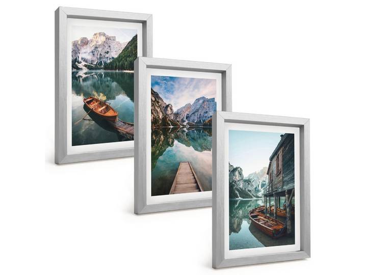 BILDER SET 3er Set - 20x30 cm Silberner Rahmen - See, Berge, Boote, Ferienhaus