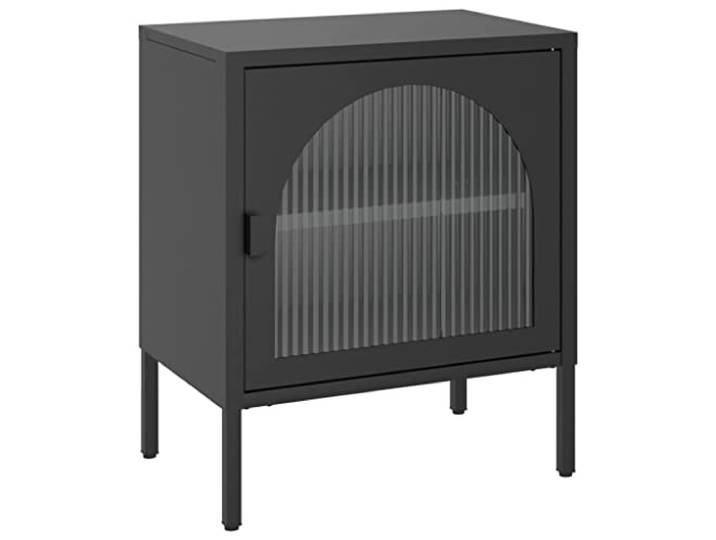 Coespram Nachttisch Schwarz 50x35x60 cm Beistelltisch Glas Stahl Blickdichte Riffelglasfront schützt Privatsphäre im Schlafzimmer, während verstellbare Füße stabilen Stand sichern.