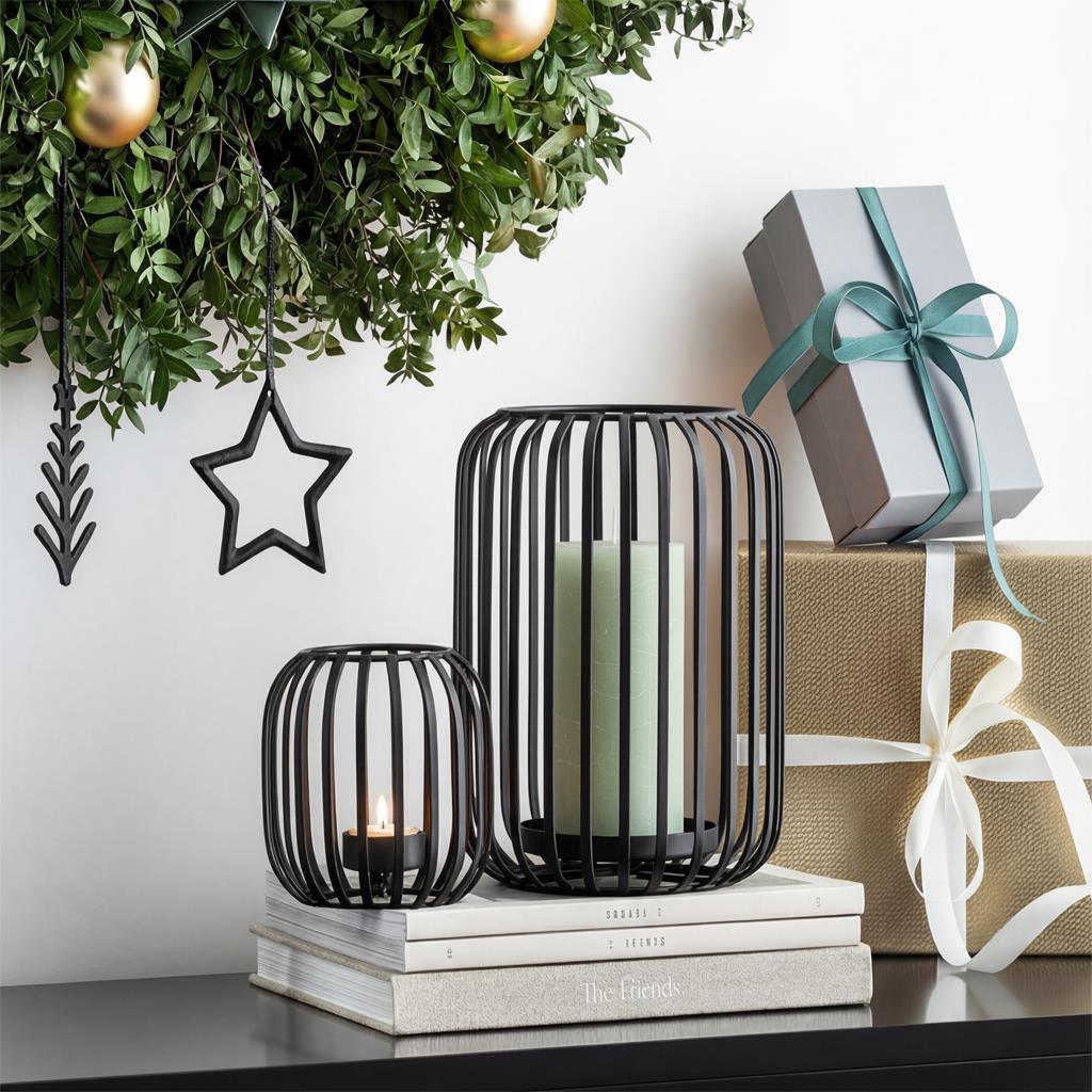 Windlicht VILLEROY & BOCH "Windlicht Christmas Chic 12,5 cm schwarz", schwarz, B:12,5cm H:12,5cm T:12,5cm Ø:12,5cm, Metall, Kerzenhalter, Windlicht, Nur Dekoration