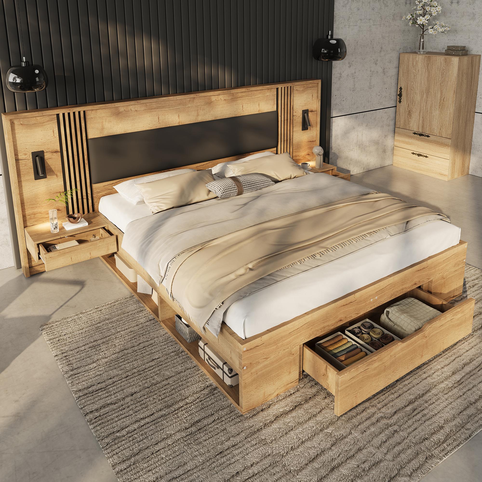 Doppelbett 180*200cm, Stauraumbett, holzbett, Jugendbett, mit Leselampe, mit 2 Nachttische, mit Schubladen, Naturfarbe