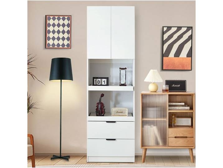 VUENOR Colonne de rangement cuisine 59 5 x 45 x 200 cm blanche mate avec 2 portes 2 tiroirs