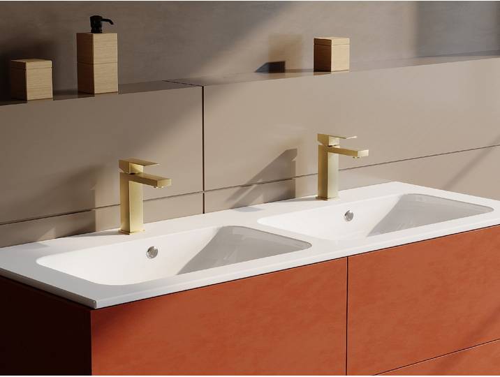 Set aus 2 quadratischen mechanischen Wasserhähnen aus gebürstetem Edelstahl - Gold - H17,8 cm - CANILAS