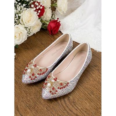 Damen-Party-Hochzeitsschuhe, flacher Absatz, spitze Zehenpartie, Knöchelriemen, farbenfroh