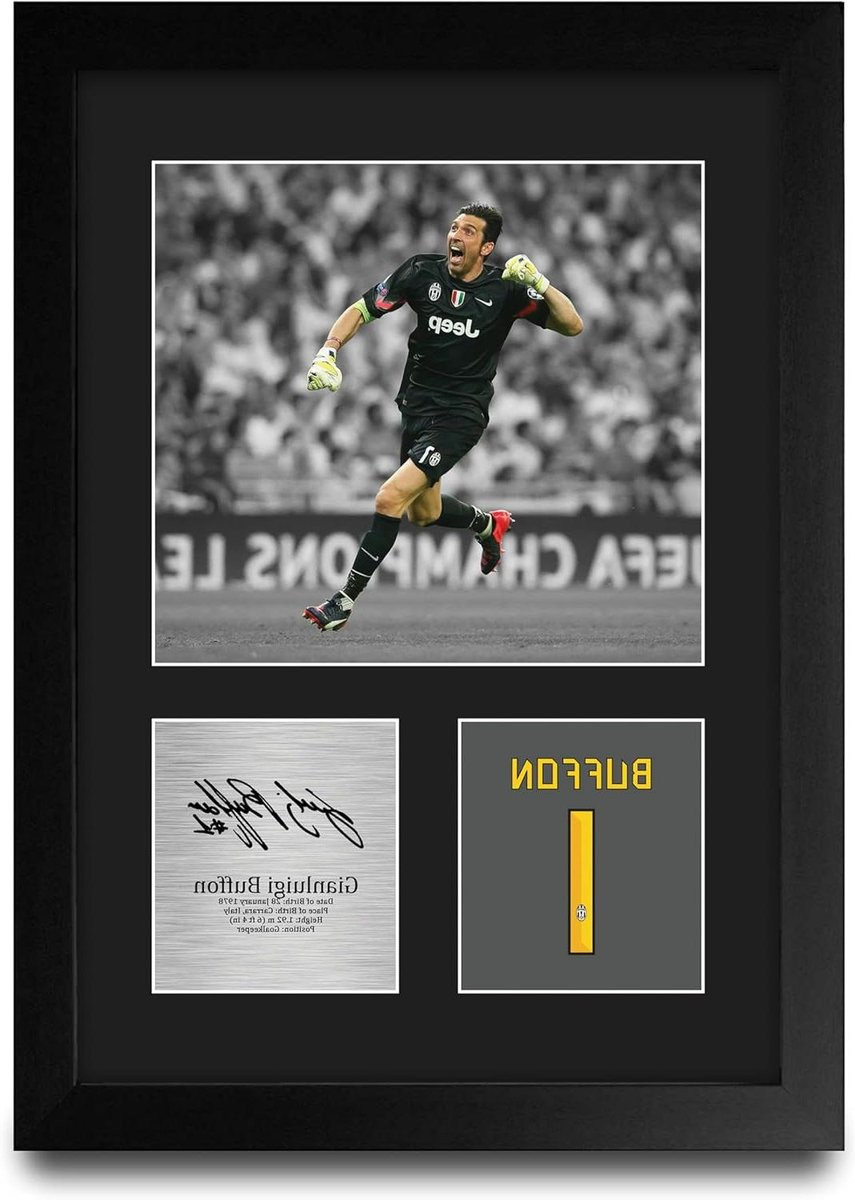Ingelijste voetbalfoto Gianluigi Buffon - Sportposter met gedrukte handtekening replica - A4 - 33 x 25 cm - Zwart