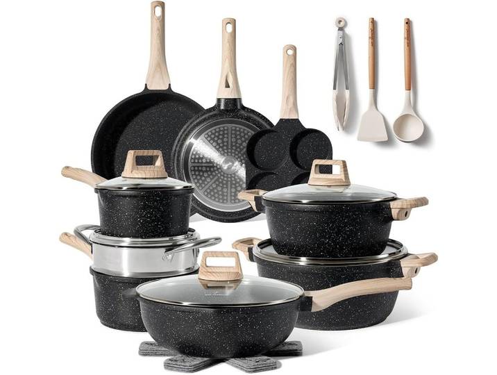 Just Perfecto Kochtopf Just Perfecto 21-teiliges Granit-Kochgeschirr-Set Schwarz, Kochtopfset Granitoptik