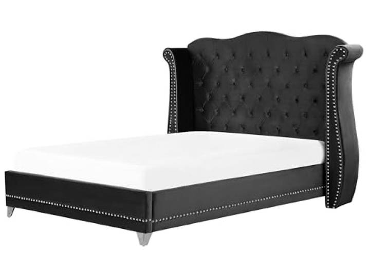 Beliani Bett Samtstoff im Chesterfield Stil hohes Kopfteil schwarz 180 x 200 cm Ayette