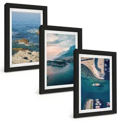 BILDER SET 3er Set - 20x30 cm Schwarzer Rahmen - Meerblick, Klippen, Häfen
