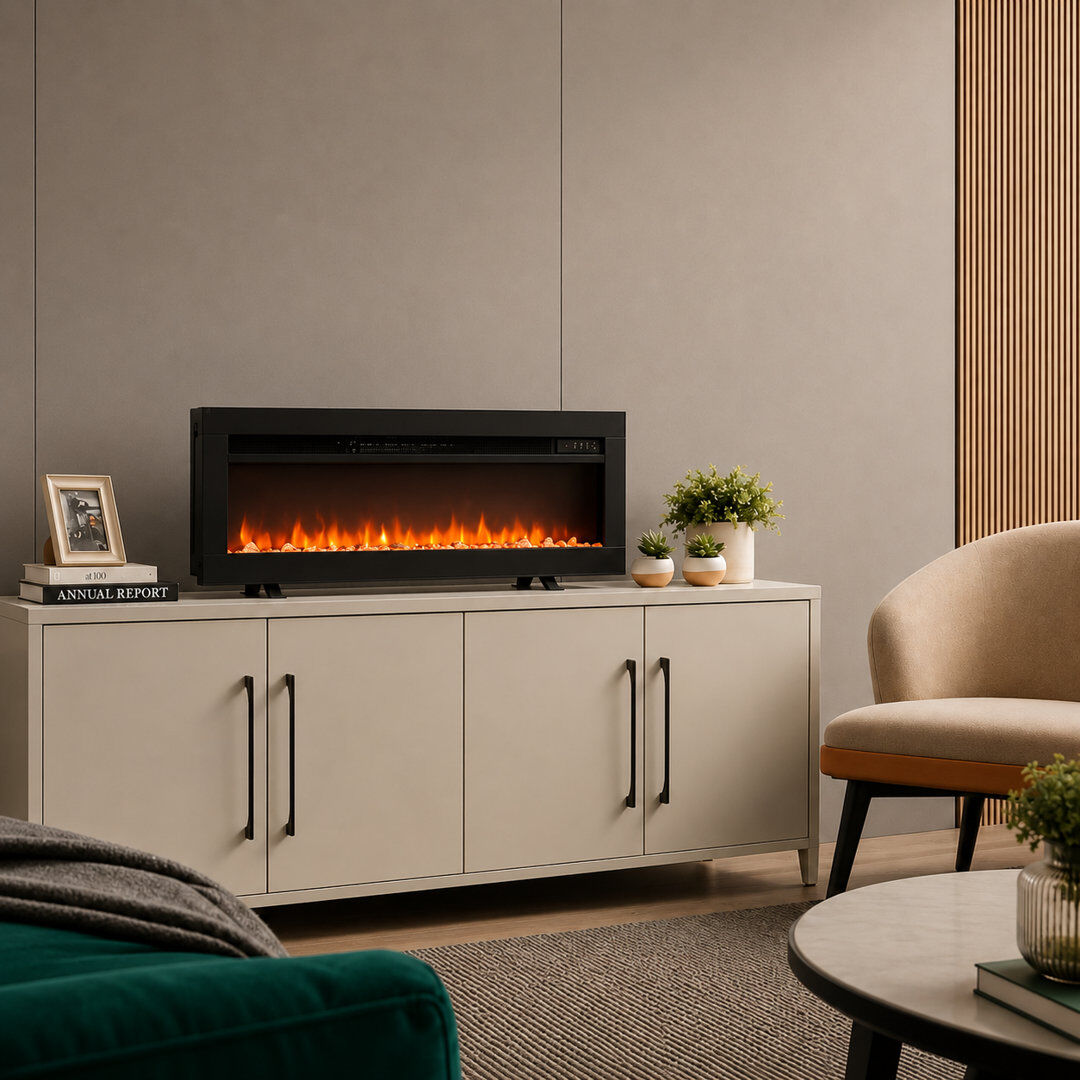 FLAMEKO Media Wall Electric Fire, Wall Mounted Fireplace, Dilton Black Black 33cm H x 92cm W x 11cm D