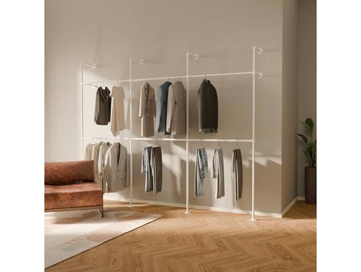 pamo Kleiderstange Wandmontage Weiß – 296 x 222 cm 460 kg Traglast Offener Kleiderschrank Garderobe Wand Metall – Begehbarer Kleiderschrank System