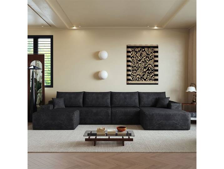 DRIPEX Canapé panoramique L340 CM super grand en U avec méridiennes et pouf Canapé modulable en velours côtelé 340*175*83cm Noir