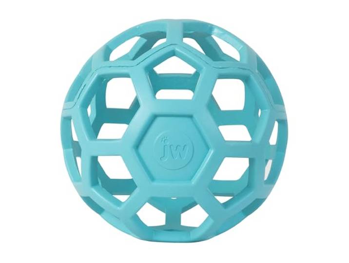 JW Pet HOL-ee Roller™, hondenspeelgoed, puzzelbal, natuurlijk rubber, groot (5,5 inch diameter), blauw