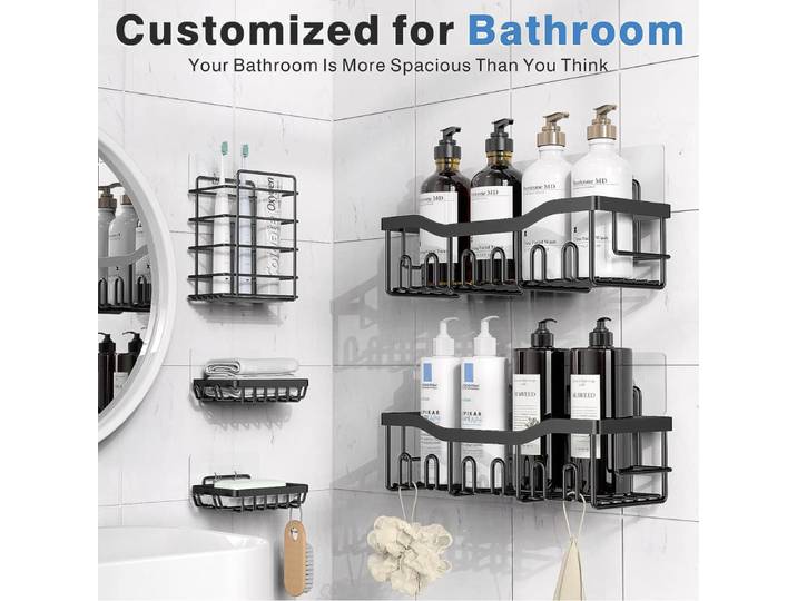 Étagère de douche 5tlg à suspendre, pas besoin de percer, support de rangement pour salle de bain peu encombrant, support de rangement en fer, fixation murale