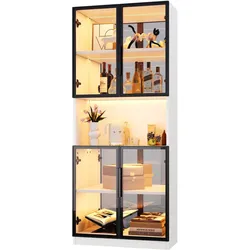 Merax LED Vitrinenschrank 70 x 30 x 170 cm, Glasvitrine mit Spiegelrückwand, grauen ESG-Glastüren & LED-Beleuchtung, Weiß