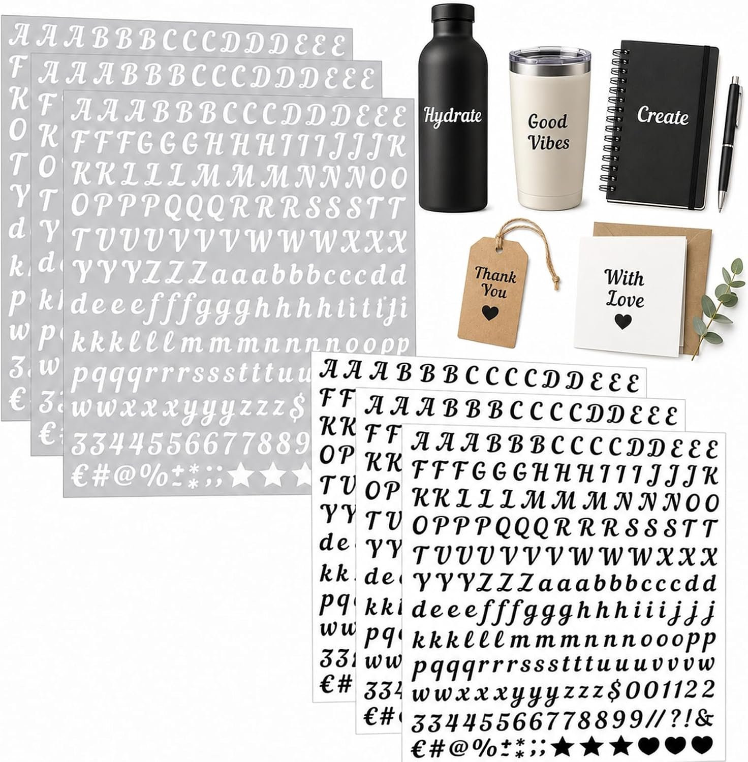 Homevero Set van 1000 zwarte zelfklevende letterstickers - 6 vellen - Waterproof voor scrapbooking