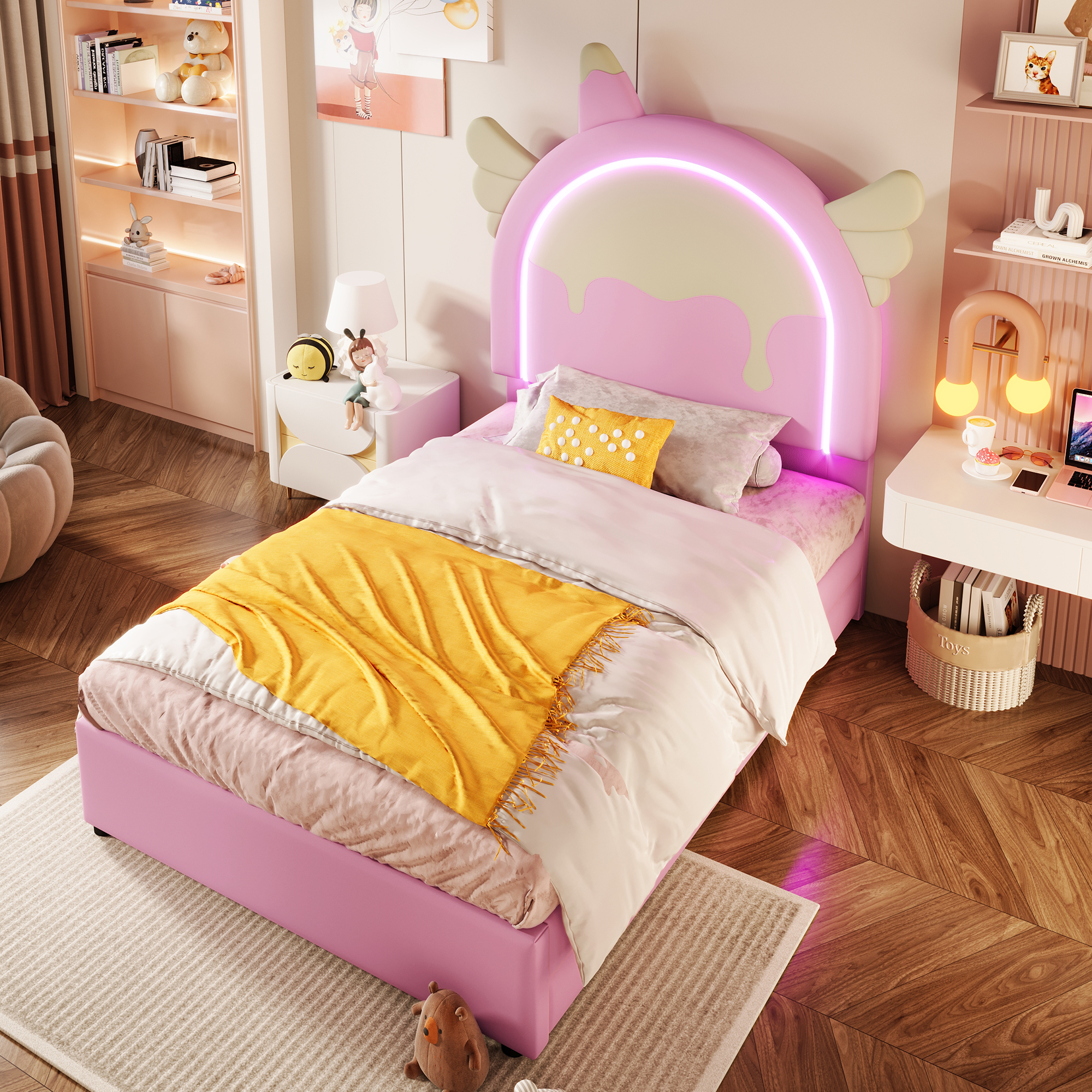 MODFU Kinderbett Jugendbett 90×200cm Polsterbett mit Matratze Einzelbett Einhornkopfteil&Beleuchtung mit 2 Schubladen,Rosa