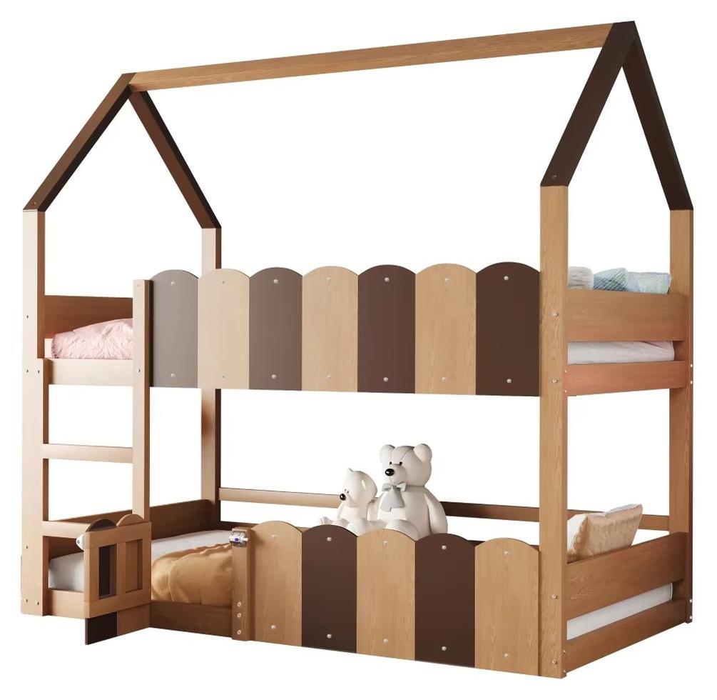Kinder-Etagenbett - Hausdesign - 90 x 200 cm - Erhöhte Sicherheitsgitter - Oberes Schutzgitter - Holz - Naturholz
