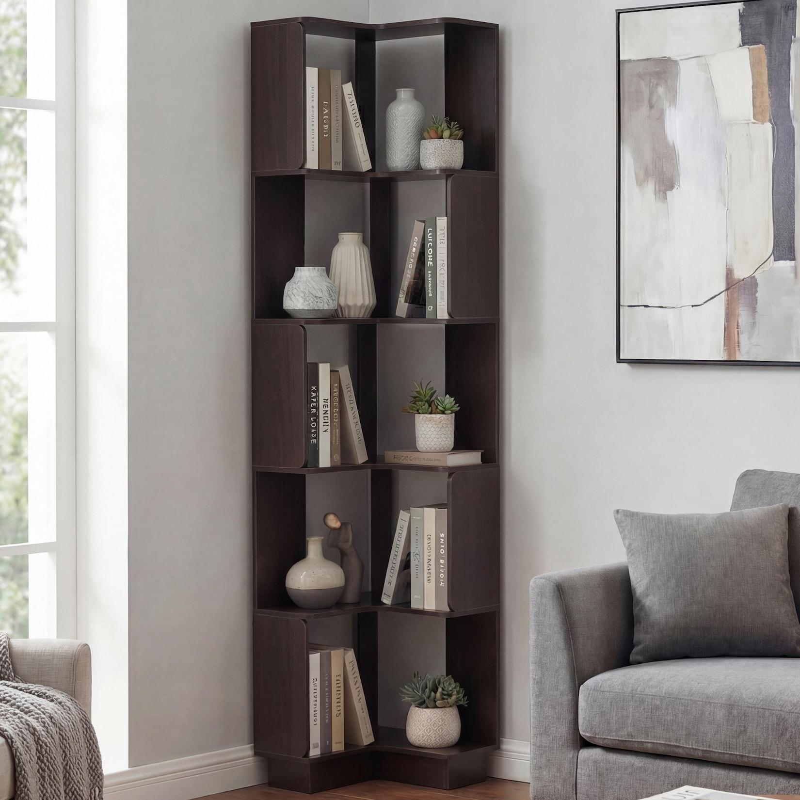 Eck-Bücherregal MCW-P53, Eckregal Standregal Wohnregal, 5 Ebenen MDF Melamin 175x40x40cm ~ Walnuss-Optik