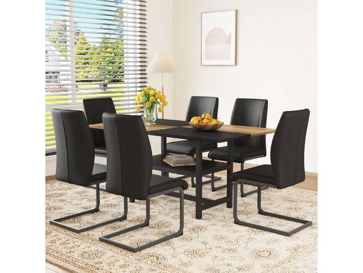 WUVRIE Ensemble table a manger rectangulaire 160x90x76 cm avec etagere integree et 6 chaises noires