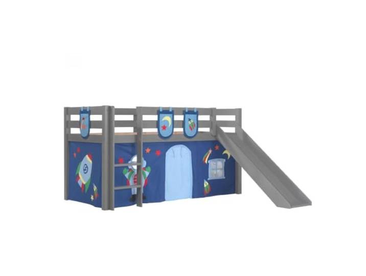 Vipack Spielbett Pino inkl. Rutsche mit Textilset Vorhang und 3 Taschen Astro Kiefer massiv grau lackiert