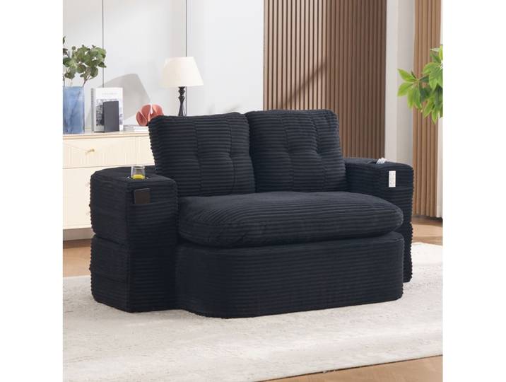 Fauteuil Convertible 2 en 1 Canape Compresse avec Accoudoirs Amovibles 2 Porte Gobelets Velours Cotele Noir