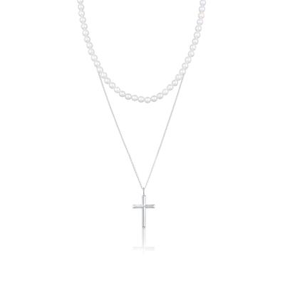 Kette mit Anhänger KUZZOI "Halskette Muschelkernperlen Kreuz Klassik 2er Set 925 Silber" Gr. 45, silber, Halsketten, Herren, ohne Stein, Silber 925 (Sterlingsilber)