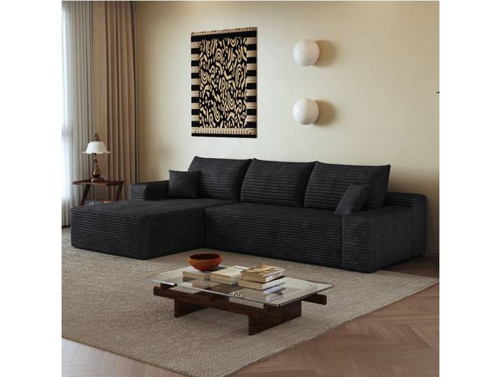 ROVRYN Canapé d'angle modulable compressé 270 cm chaiselongue à gauche tissu corduroy noir