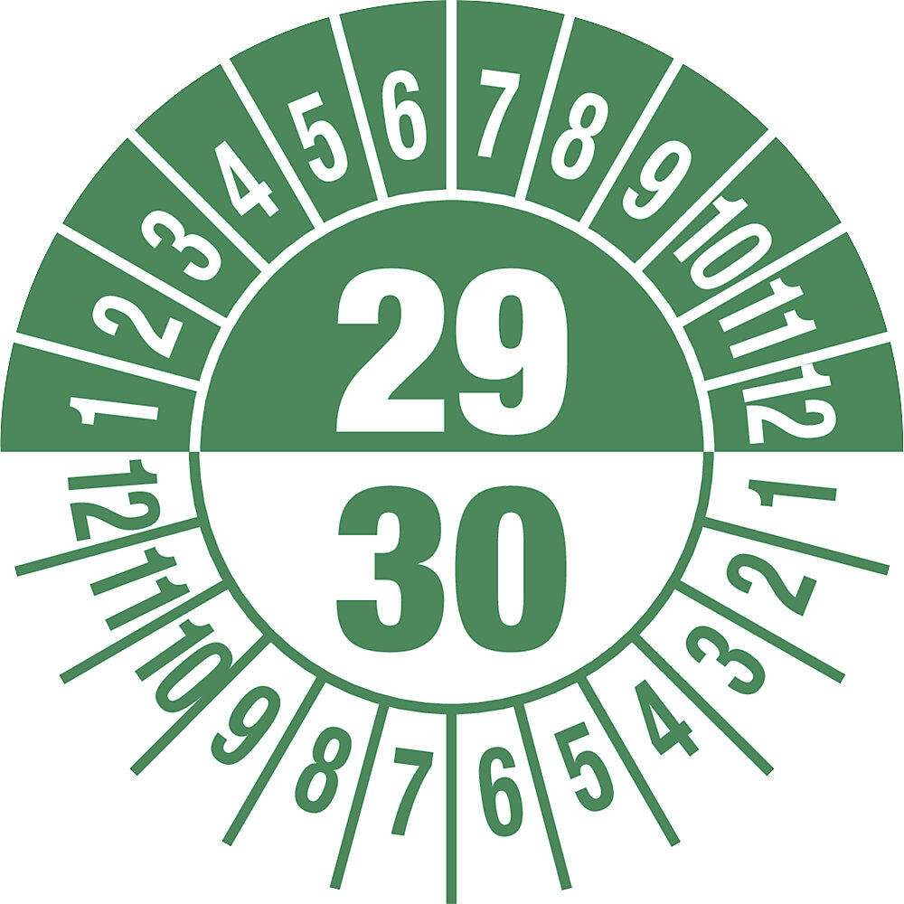kaiserkraft Prüfplakette, Mehrjahreszahlen, Dokumentenfolie, Ø 30 mm, VE 10 Stk, 29/30, grün