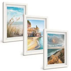 BILDER SET 3er Set - 20x30 cm Weißer Rahmen - Landschaften Strand Klippen Stadt