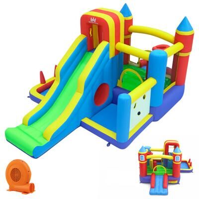 Costway Inflatable Bounce House with 750W Air Blower with SlideSubtitle Climbing Wall and Basketball Hoop for Kid Backyard Indoor Outdoor