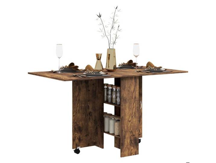 Table à Manger Pliante Mobile sur Roulettes 2 Plateaux Rabattables 2 Étagères Intégrées 140x80x74cm Brun Rustique