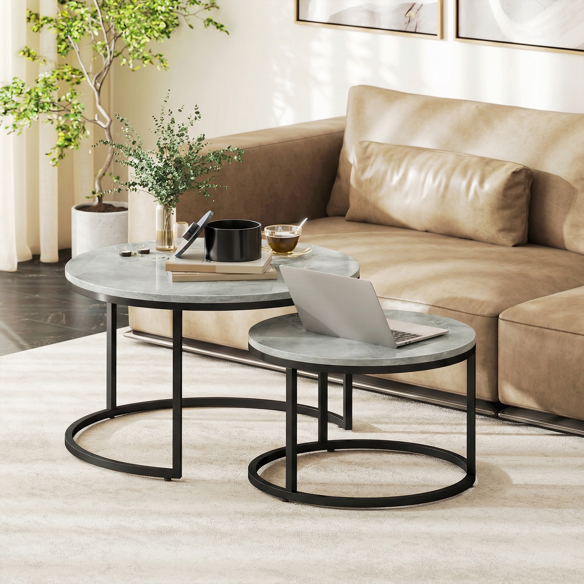 Homcom Set 2 Tavolini da Salotto Rotondi con Piano Effetto Marmo, in Legno e Metallo, Grigio Marmo   Aosom Italy