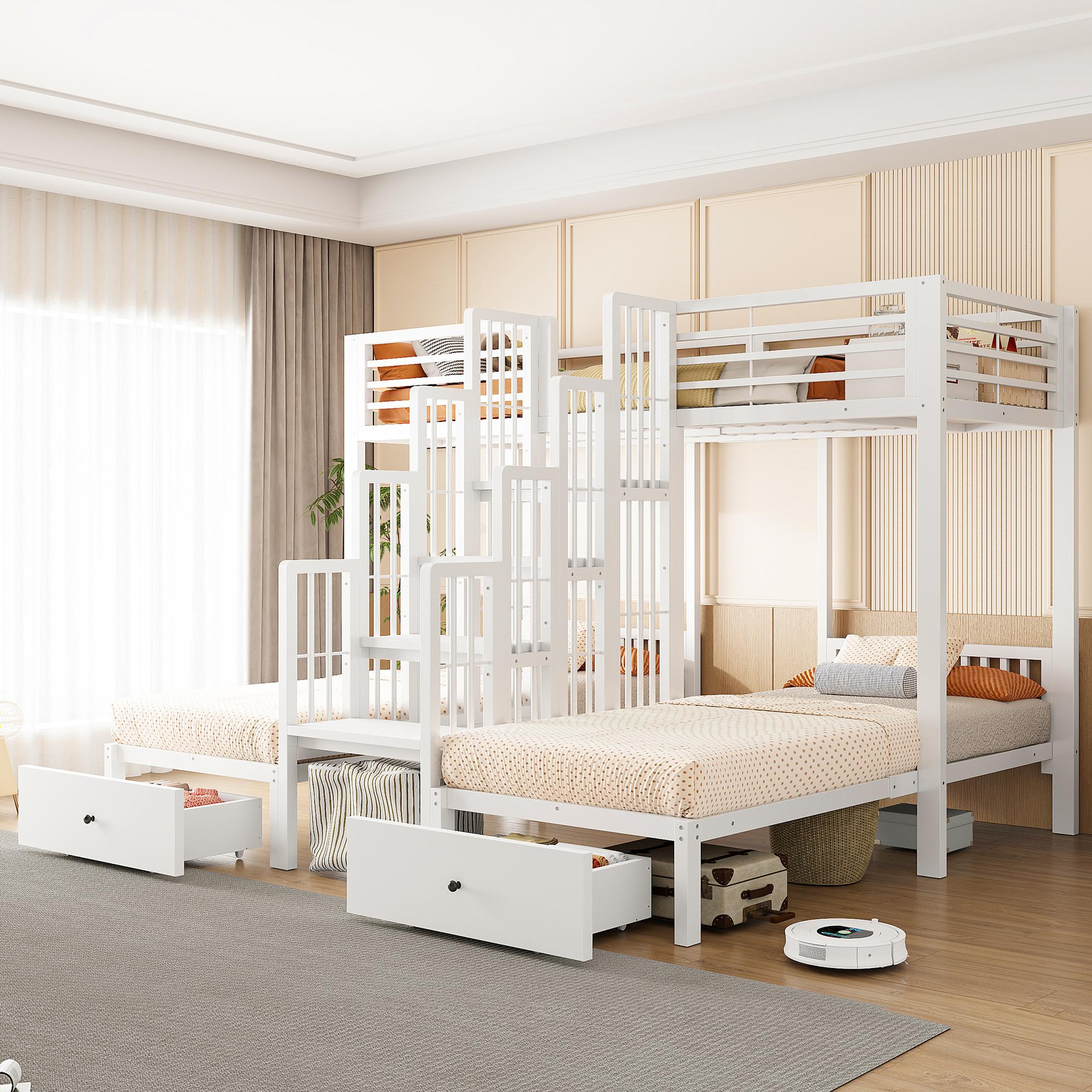 STILVORA Etagenbett 90x200 cm mit zentraler Treppe,Kinderbett mit Sicherheitsgeländern und Schubladen,Stockbett mit Metallrahmen und Stahlkonstruktion