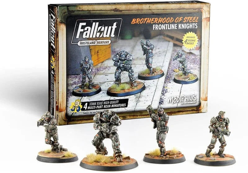 Fallout: Wasteland Warfare – Brotherhood of Steel: Frontline Knights Miniatures Set by Modiphius Entertainment, 4 Resin Miniatures, 4 Bases, 14 Cards